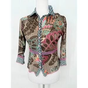 ANAC by Kimi Top Womens Medium Y2K Button Sheer Mesh Artsy Whimsy Maximalist